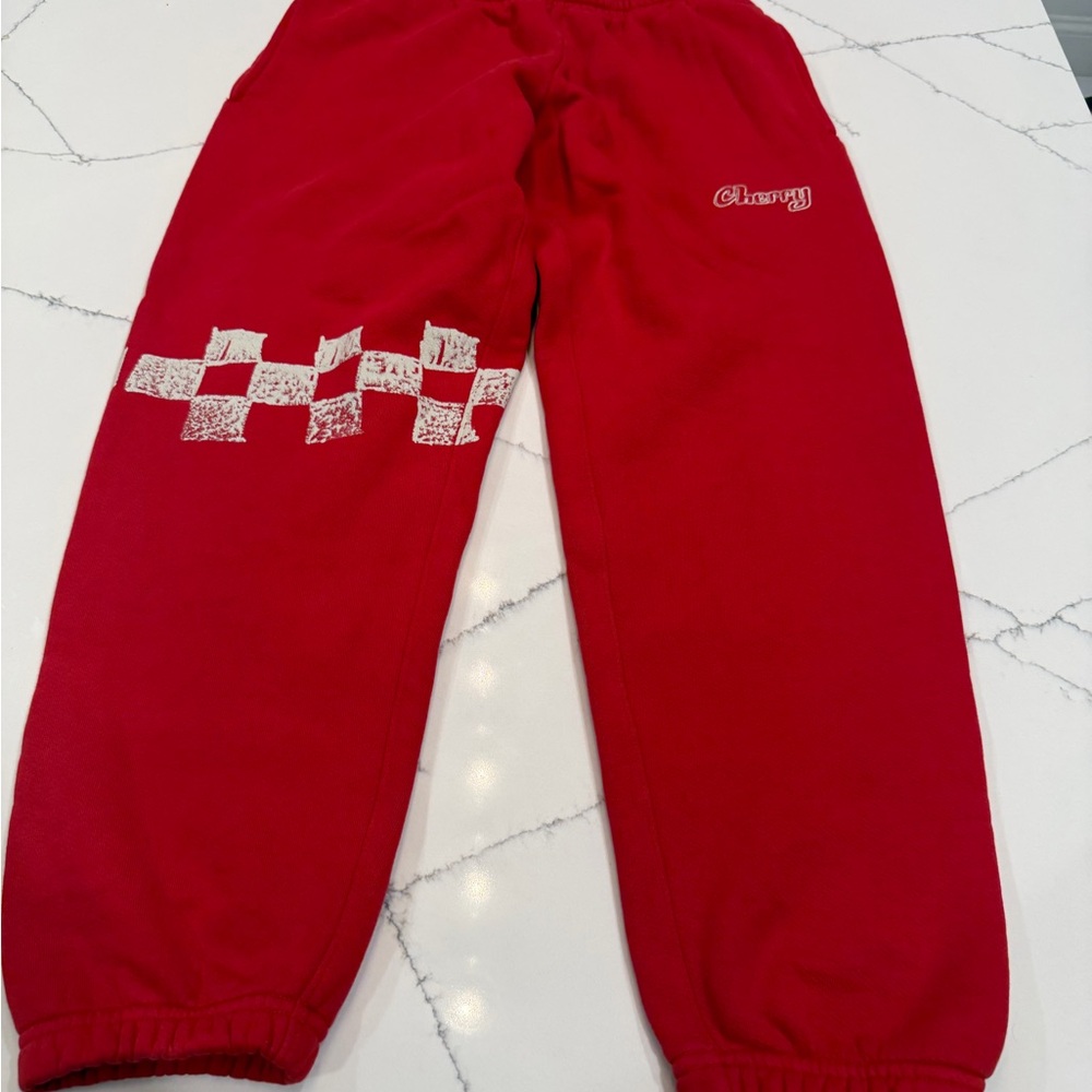 Cherry LA Red Sweatpants with White Checker Graphic